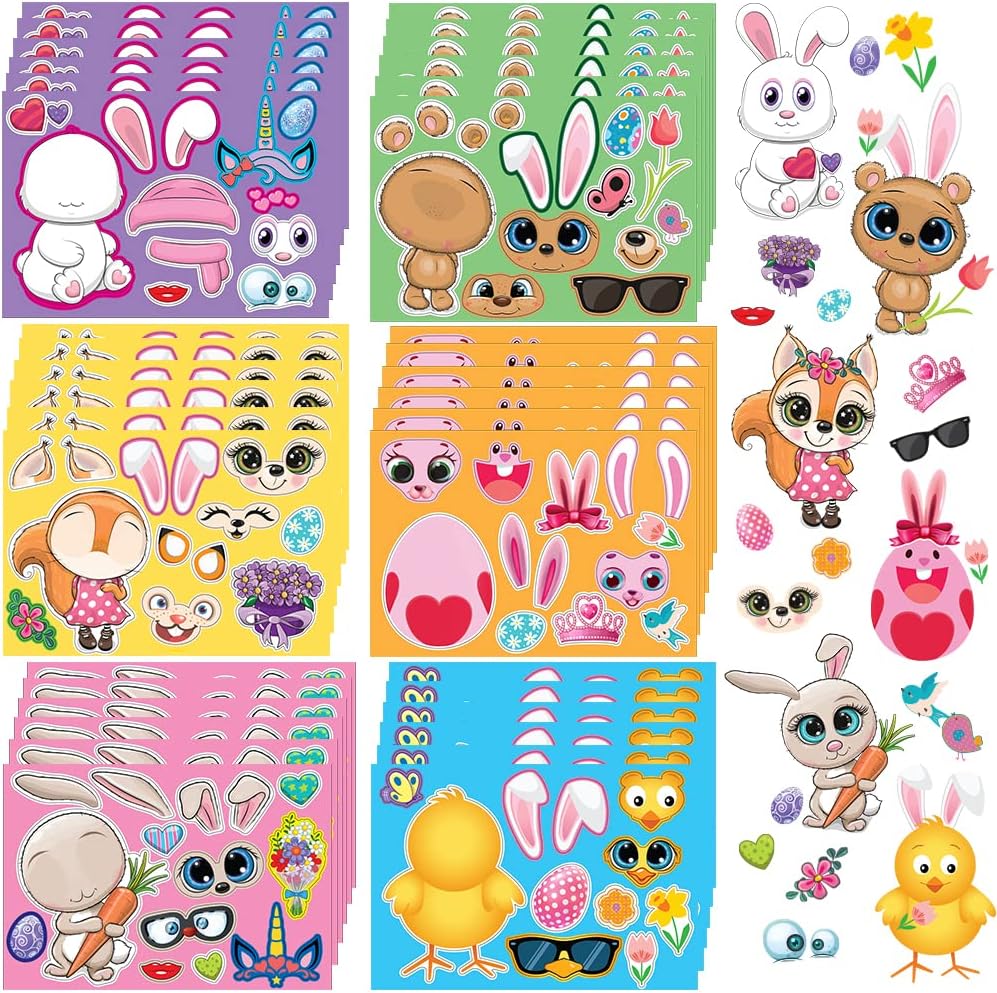 Artcreativity Easter Make Your Own Stickers, Bulk Easter Stickers for Kids (96 Sticker Sheets) with 6 Designs, Easter Basket Stuffers, Easter Egg Stickers and Bunny Stickers, Easter Crafts for Kids