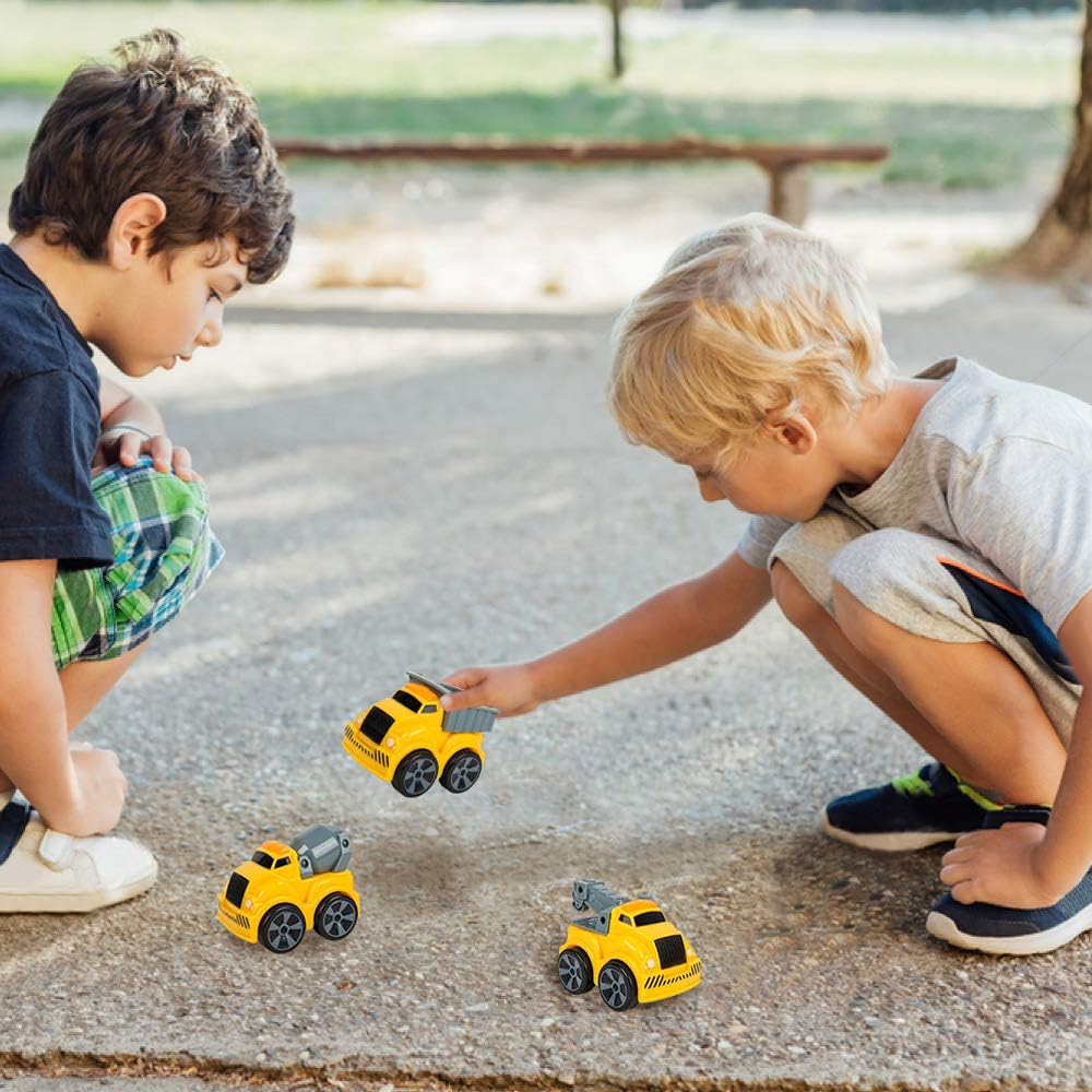 3.5 Inch Pull Back Construction Vehicle Toys for Kids - Set of 3 - Includes Mini Dump Truck, Tow Truck, and Concrete Mixer