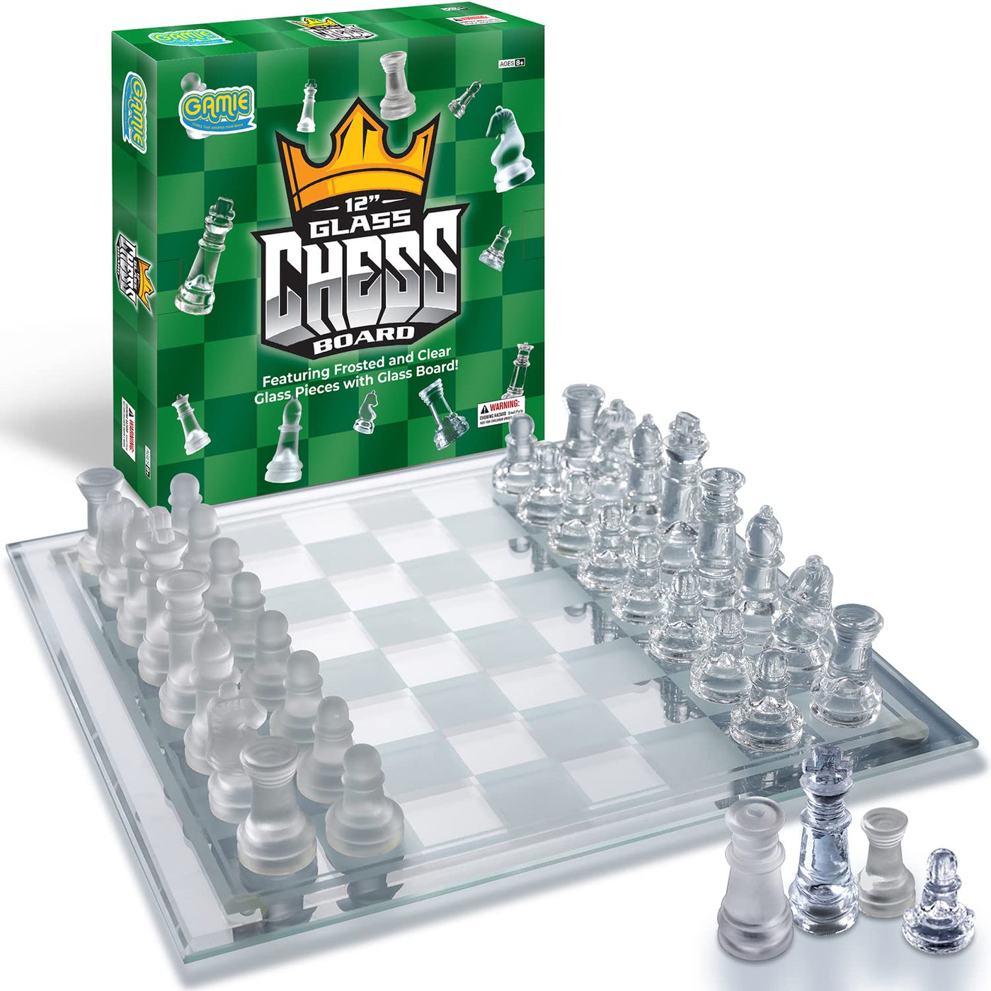 Glass Chess Set, Elegant Design - Durable Build - Fully Functional - 32 Frosted and Clear Pieces - Felted Bottoms - Easy to Carry - Reassuringly Stable (12 Inch)