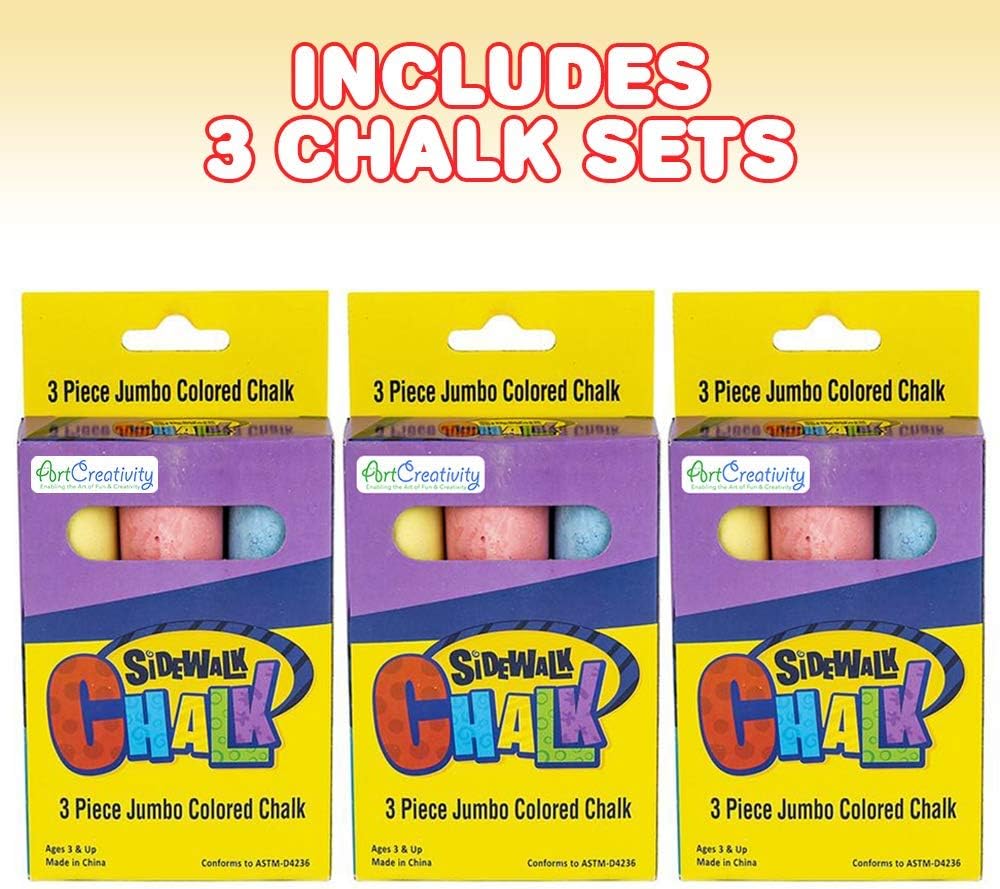 ArtCreativity Jumbo Chalk Set for Kids, 3 Boxes, Each Box with 3 Chalk Sticks, Non-Toxic, Dust Free and Washable- for Driveway, Pavement, Outdoors- Great Arts & Crafts Gift, Birthday Party Favors