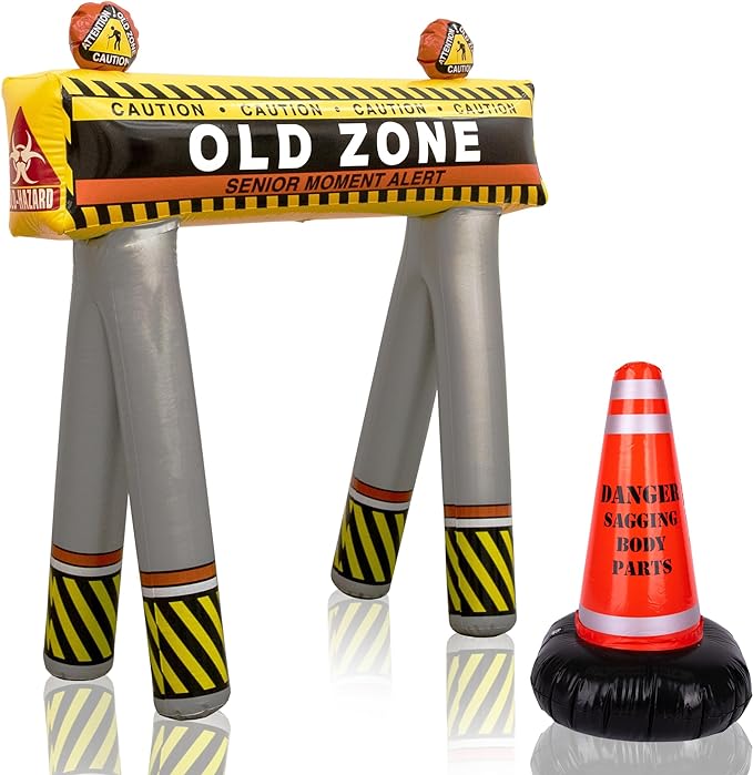 ArtCreativity Old Zone Inflatables Over The Hill Birthday Decorations, Set Includes Barricade & Construction Cone for Over The Hill Party Supplies, 100th Day of School Items and Costumes for Kids