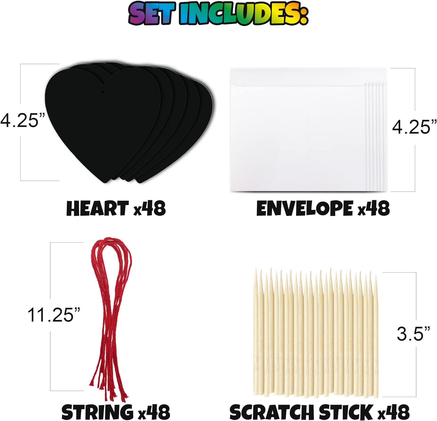 ArtCreativity 48 Pack Scratch Off Valentine Cards for Kids Classroom, Set of 48 Valentine Kids Cards Ink-Free Scratch Off Hearts with Scratch Sticks, Red String, and Envelopes, Valentines Kids Crafts