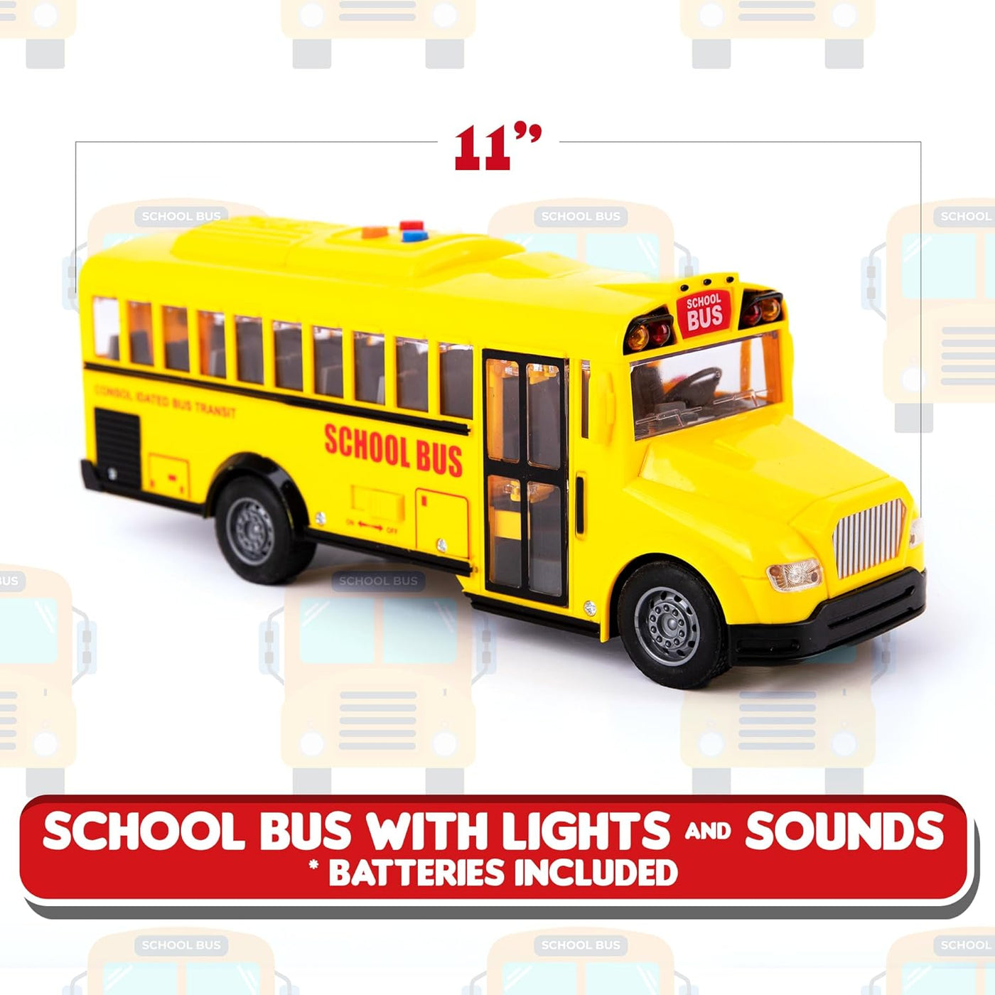 Yellow School Bus Toy with Flashing Lights & Sound, Friction Powered 1/16 Scale School Bus Toy for Kids with 4 Different Sounds & Lights, Back and Side Doors Open, Great Gift Idea for Kids Ages 3+