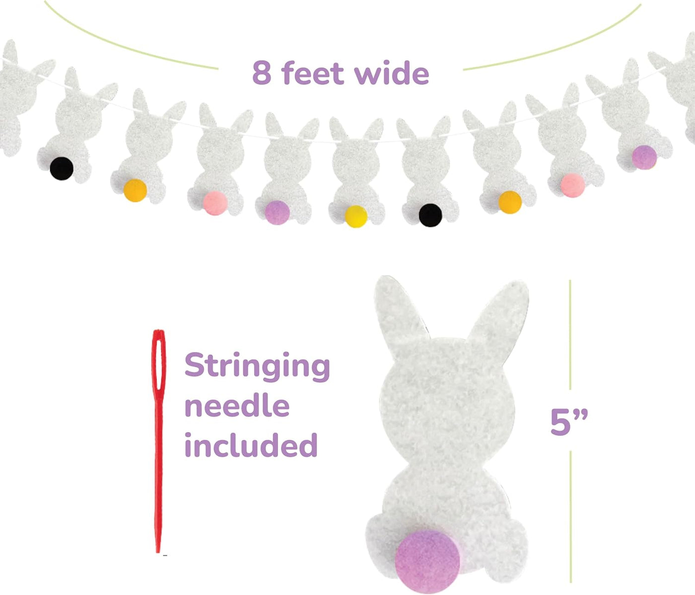 Easter Bunny Garland - Easter Decorations Set with 10 Felt Rabbits, 9 Feet of Ribbon, and Needle for Stringing - Easter Bunny Decorations for the Home - Cute Easter Décor
