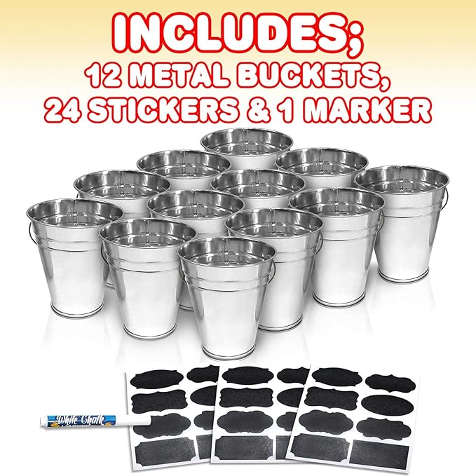 Large Galvanized Metal Buckets Set, Includes 12 Rustic Pails with Handles, 24 Chalkboard Labels and 1 Liquid Chalk Marker, 5 Inch