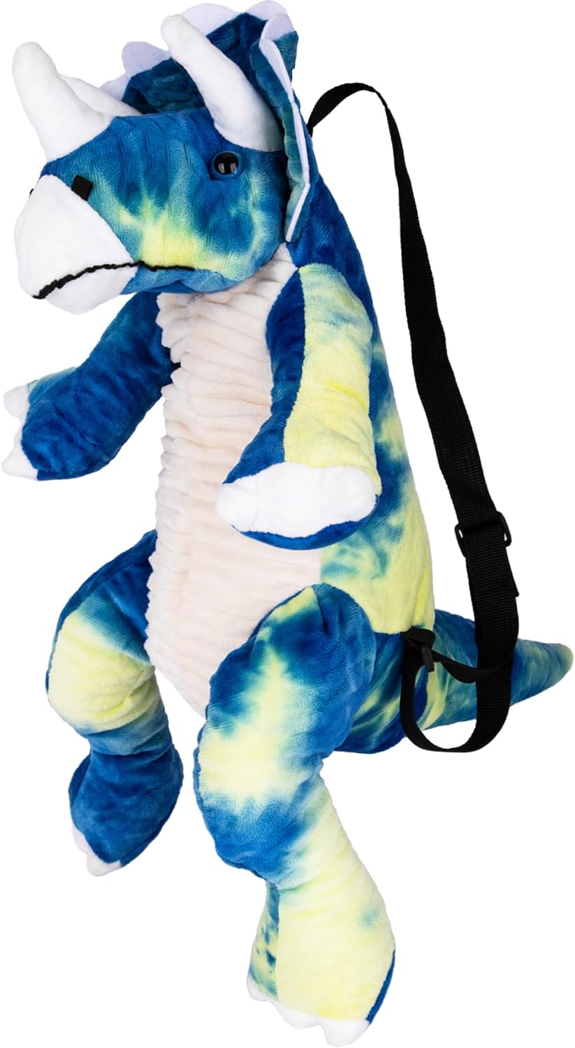 ArtCreativity Plush Dinosaur Backpack, 22" Stuffed Animal Backpack in the Shape of a Triceratops, Plushie Dinosaur Backpack for Toddlers, Blue and Yellow tie dye Colors. Adjustable Nylon Straps