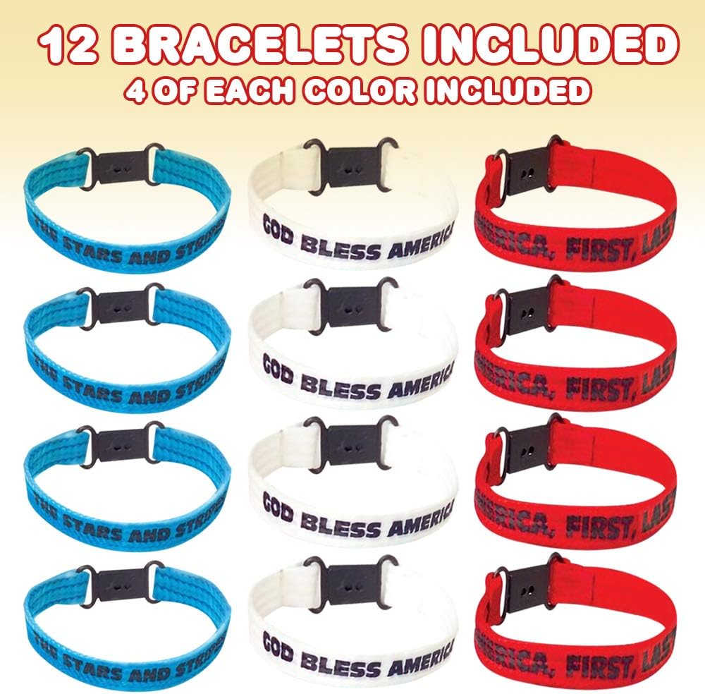 Patriotic Bracelet Assortment, Pack of 12, Red, White, and Blue Wristbands with Patriotic Sayings, 4th of July Party Favors, Cotton Wrist Bands with Plastic Clasp Closure