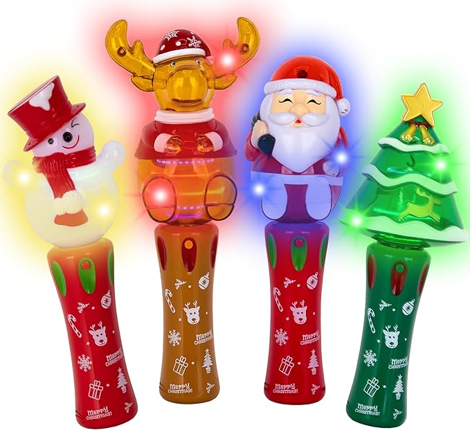 ArtCreativity Light Up Christmas Spinner Wands - Set of 4- Spinning Christmas Wands for Kids with Multicolored LEDs - 4 Festive Designs - Kids’ Christmas Toys and Holiday Stocking Stuffers