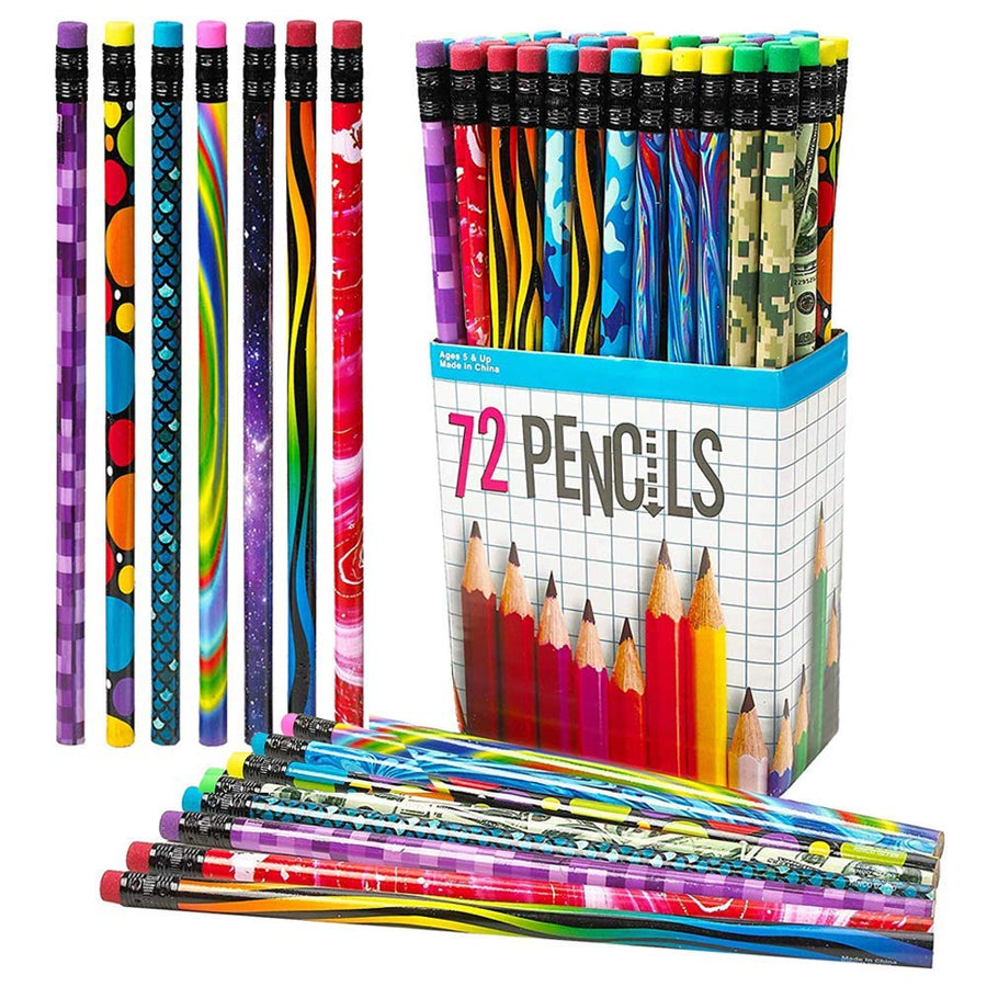ArtCreativity Wooden Pencils - Assorted Designs, 72 Count, Unsharpened #2 Pencils, Non-Toxic, Dishwasher Safe