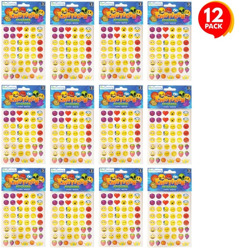 ArtCreativity Assorted Emoticon Stickers for Kids, 12 Pack with 72 Sheets and Over 3,000 Stickers, Emoticon Sticker Set for Teacher Classroom Rewards, Art Supplies, Party Favors, Goodie Bag Fillers