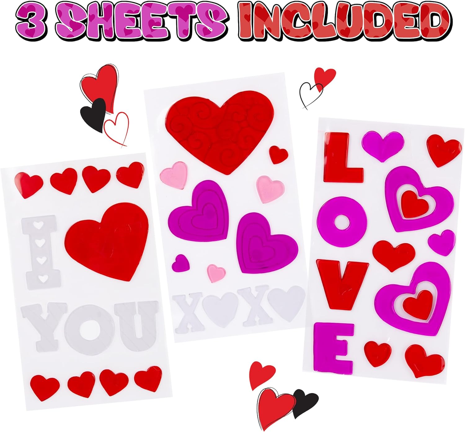Valentines Day Window Clings - 39 Valentines Day Clings - Heart Window Clings in 3 Sheets - Assorted Heart Window Decals with Vibrant Colors - Valentines Day Window Decorations for Cute Decor