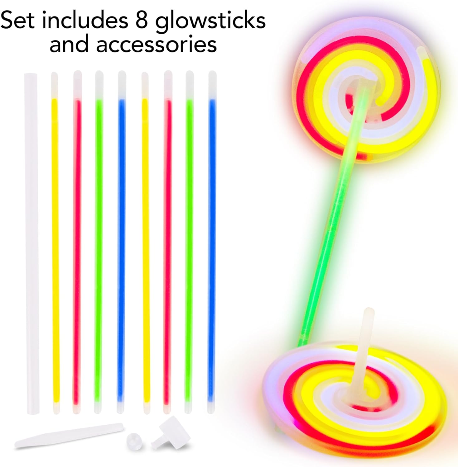 ArtCreativity Kids Glow Stick Lollipop Spinner Wands - Set of 12 Light Up Spinning Toys - Glow Stick Wands That Double as Gyro Top Spinners - DIY Glow Wand Wonka Party Favors for Kids