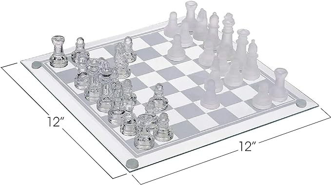 Glass Chess Set, Elegant Design - Durable Build - Fully Functional - 32 Frosted and Clear Pieces - Felted Bottoms - Easy to Carry - Reassuringly Stable (12 Inch)