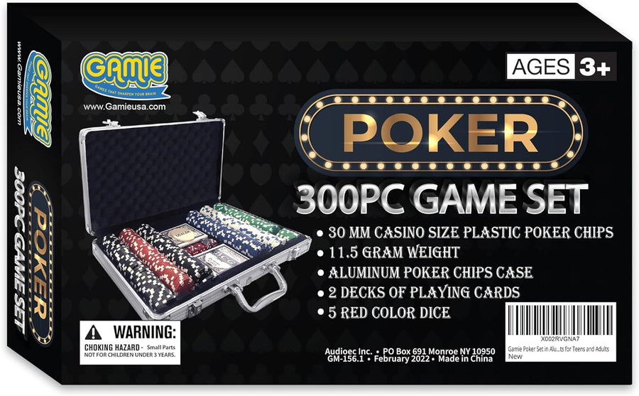 Poker Set in Aluminum Case, Casino Poker chip Kit with 300 Chips, 2 Decks of Playing Cards, 5 Dice, and 1 Deluxe Case, Fun Game Night Supplies, Best Poker Gifts for Teens and Adults, Black