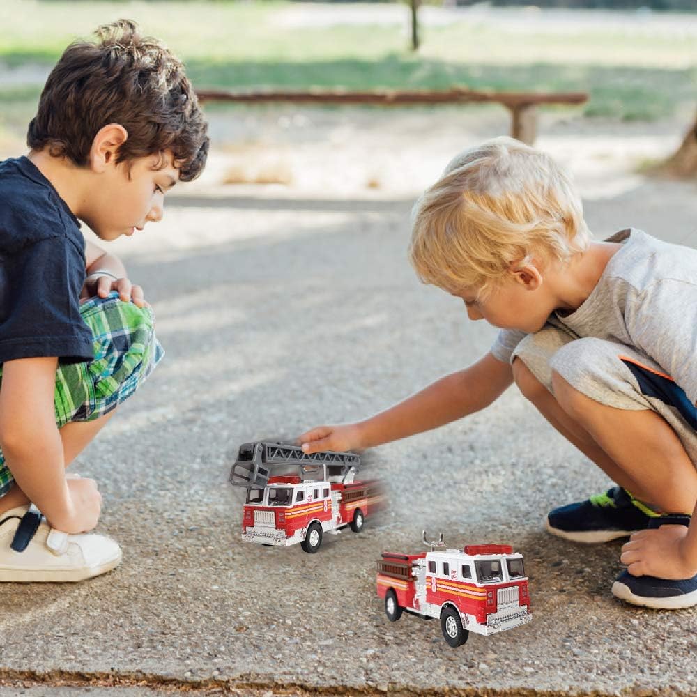 ArtCreativity 5.5 Inch Fire Trucks - Set of 2 - Pull Back Firetruck Toy Cars for Boys and Girls - Includes Metal Ladder Truck and Fire Engine - Best Birthday Gift for Kids, Toddlers