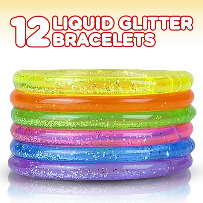 ArtCreativity 6” Liquid Glitter Bracelets - Pack of 12 - Assorted Bright Neon Colors - Fashionably Fun Party Favor and Collection - Amazing Gift Idea for Women, Boys and Girls