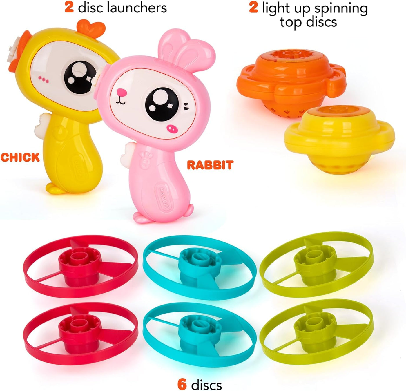 ArtCreativity Flying Disc Shooter Toys - Set of 2 Disc Shooters - Light Up Disk Shooters for Kids with 4 Disks Each - Cute Chick and Rabbit Design - Shooter Toys for Kids - Gifts for Ages 3 4 5