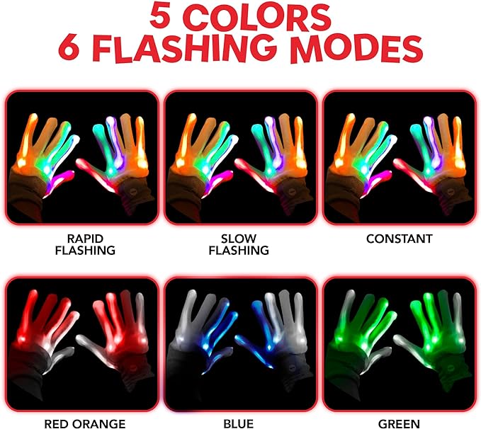ArtCreativity Led Light Up Gloves for Kids - 1 Pair - Medium Sized Glow in the Dark Gloves with 6 Cool Flashing Modes - Kids Light Up Gloves for Glow Party - Rainbow Party Favor
