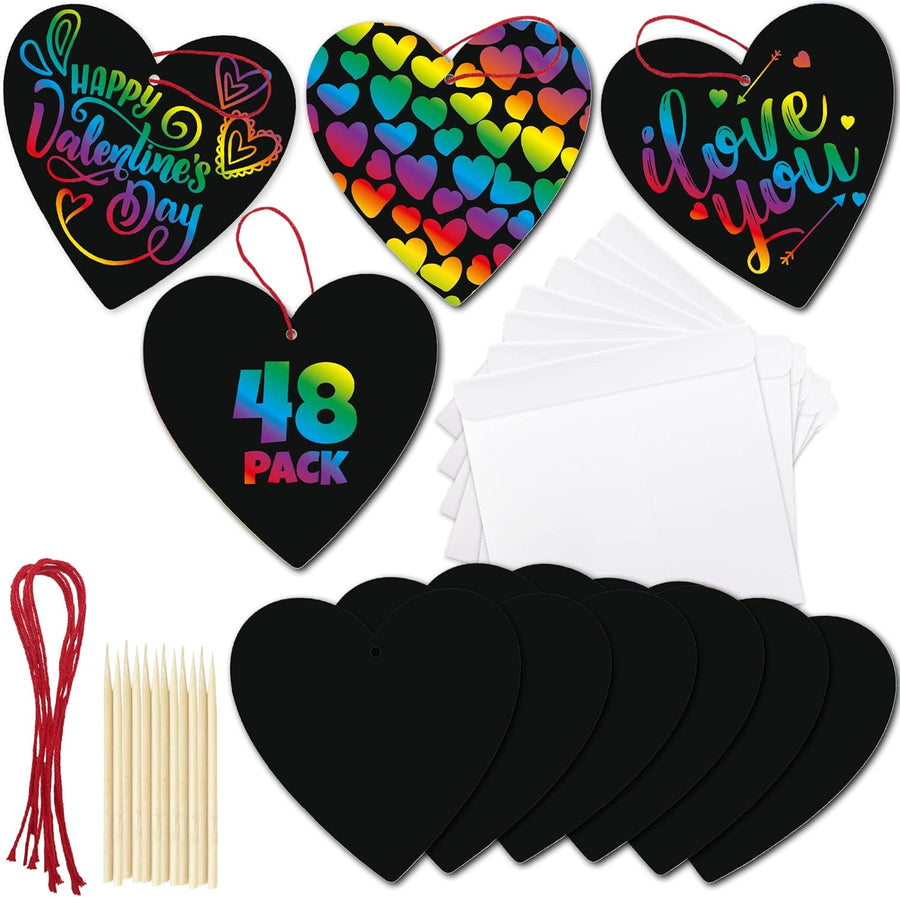ArtCreativity 48 Pack Scratch Off Valentine Cards for Kids Classroom, Set of 48 Valentine Kids Cards Ink-Free Scratch Off Hearts with Scratch Sticks, Red String, and Envelopes, Valentines Kids Crafts