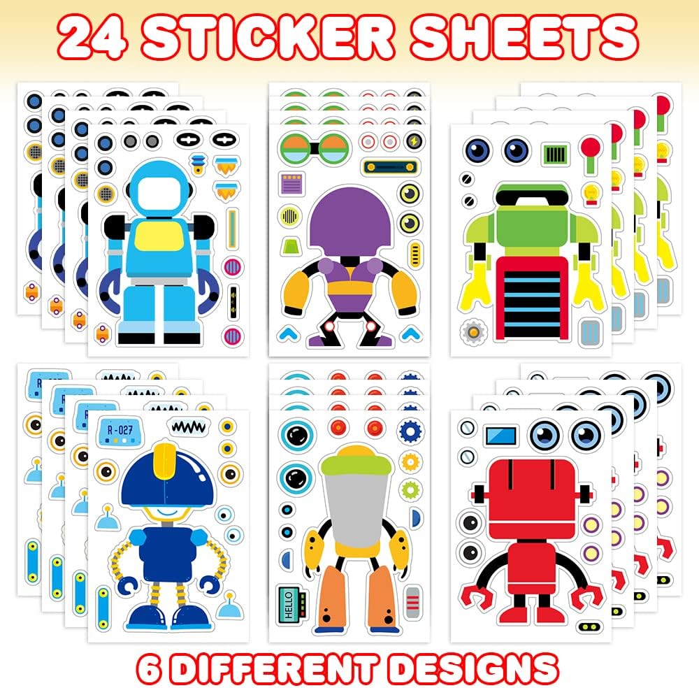 ArtCreativity Make Your Own Robot Character Sticker Assortment, Set of 24 Sheets, Unique Arts ‘n Crafts Activity Supplies Kit for Kids, Sticker Prize, Fun Birthday Party Favor, Goodie Bag Filler