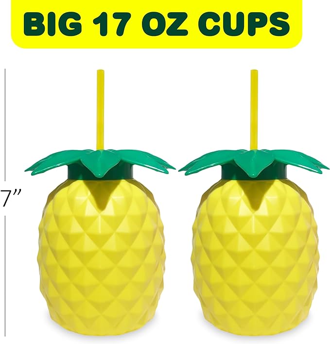 ArtCreativity Pineapple Plastic Cups Set - Pack of 12-17 oz. Big - Includes Screw-on Sipper - Spectacular Summer Beach Toys and Party Favors - Amazing Gift for Everyone