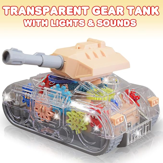 ArtCreativity Light Up Transparent Gear Tank Toy for Kids, Bump and Go Army Toy Tank with Colorful Moving Gears, Music, and LEDs, Fun Educational Army Tanks Toys for Boys, Great Toddler Light Up Toy