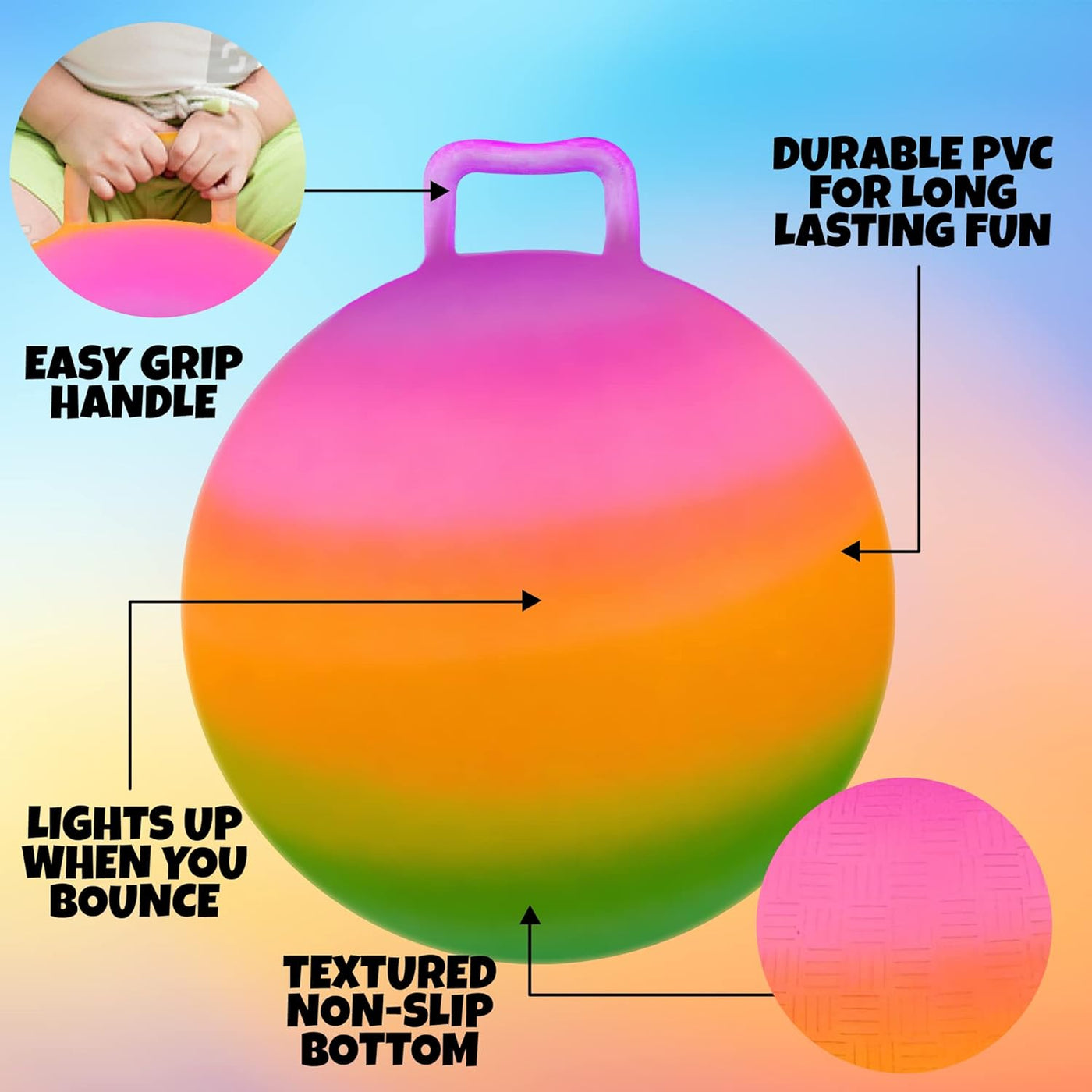 ArtCreativity Light Up Rainbow Hopper Ball with Handle, Safe and Durable 18 Inch Jumping Ball for Active Fun, LED Effect Hopper Ball with Pump for Kids, Indoor and Outdoor Toys for Boys and Girls