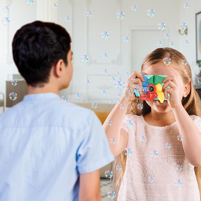 ArtCreativity Camera Bubble Machine for Kids - Camera Shaped Bubble Toy with Neck Strap and Solution - Small Bubble Machine for Kids with Sounds, Music, and Lights for Extra Fun