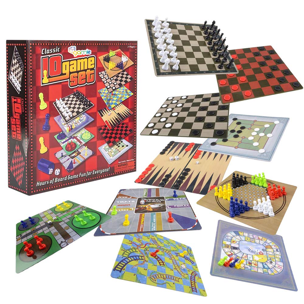 10 in 1 Board Game Set with Backgammon, Chinese Checkers, Snakes and Ladders, Game of The Goose, Sorry, Draught, Racing, Chess and More