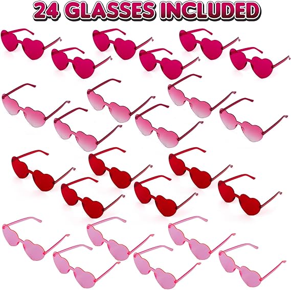 ArtCreativity Heart Glasses Pack - 24 Heart Glasses (Bulk) - Heart Shaped Glasses in 4 Colors - Heart Sunglasses for Women, Kids, Bachelorette Parties - Heart Accessories for Girls and Boys