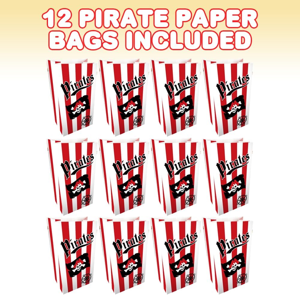 ArtCreativity Pirate Party Favor Bags, Pack of 12, Pirate Themed Goodie Gift Paper Bags, Durable Treat Bags, Pirate Party Supplies and Favors for Birthday, Baby Shower, Holiday Goodies