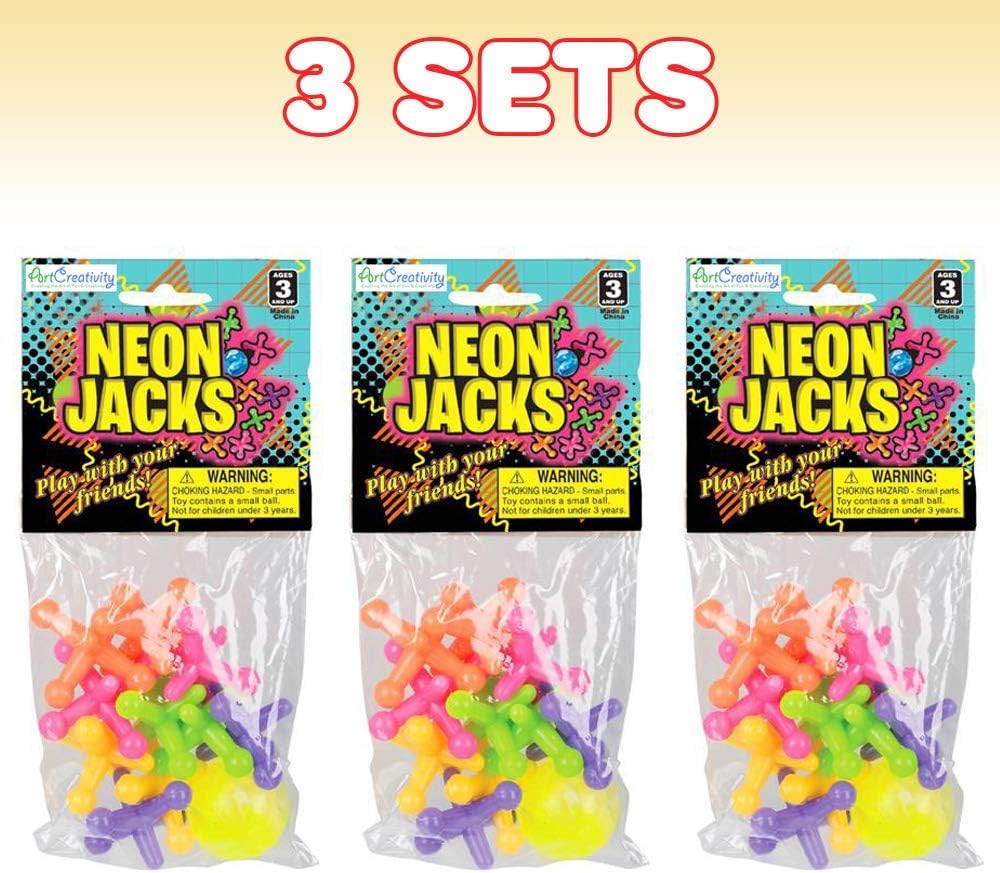 ArtCreativity Large Neon Jacks Game, 3 Sets, Each Set with 10 Plastic Jacks and 1 Marbleized Rubber Ball, Vintage Toys, Fun Activity for Kids, Birthday Party Favors for Boys and Girls