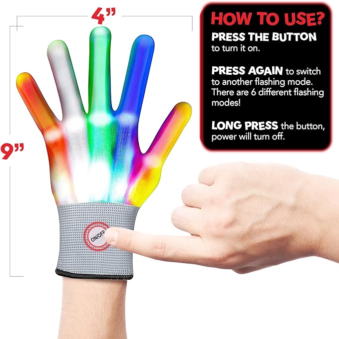 ArtCreativity Led Light Up Gloves for Kids - 1 Pair - Medium Sized Glow in the Dark Gloves with 6 Cool Flashing Modes - Kids Light Up Gloves for Glow Party - Rainbow Party Favor