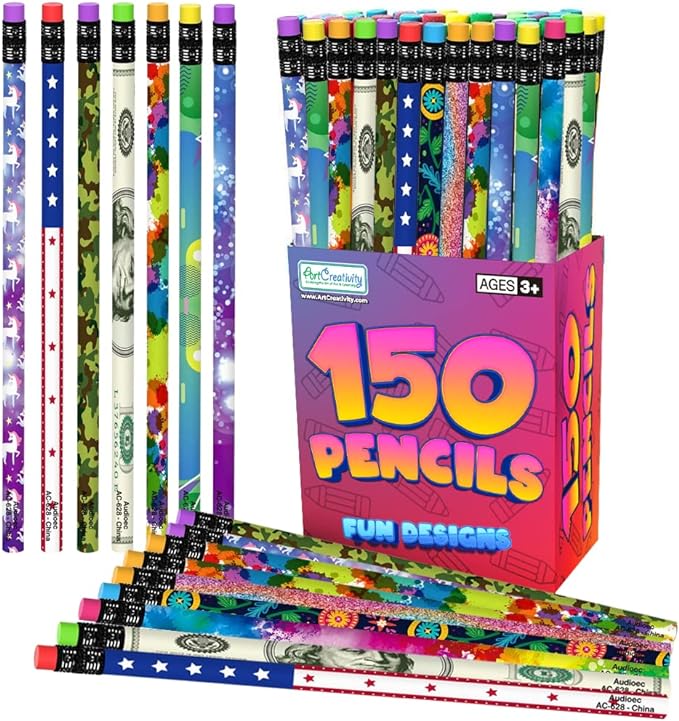 150 PC Pencil Assortment for Kids, Fun Assorted Number 2 Pencils, Bulk Wooden Writing Pencils with Erasers, Teacher Supplies for Classroom, Student Reward, Stationery Party Favors