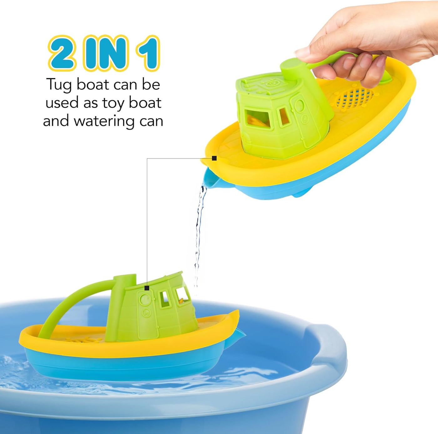 Tug Boat Bath Toy - Kids Toy Boat Set with Boat, Rake, and Shovel