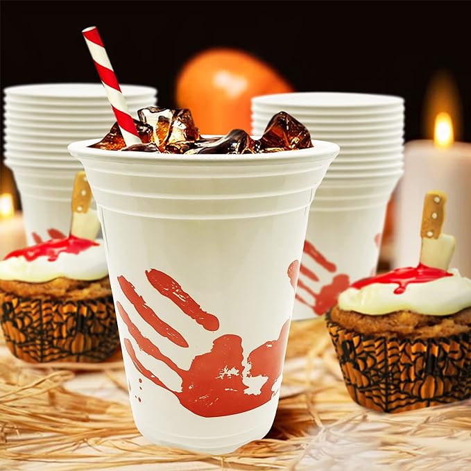 ArtCreativity Blood Print Halloween Party Plastic Cups, Set of 50, 10 oz Halloween Disposable Cups, Halloween Party Supplies and Drinking Decorations, For Juice, Soda, Punch, and More