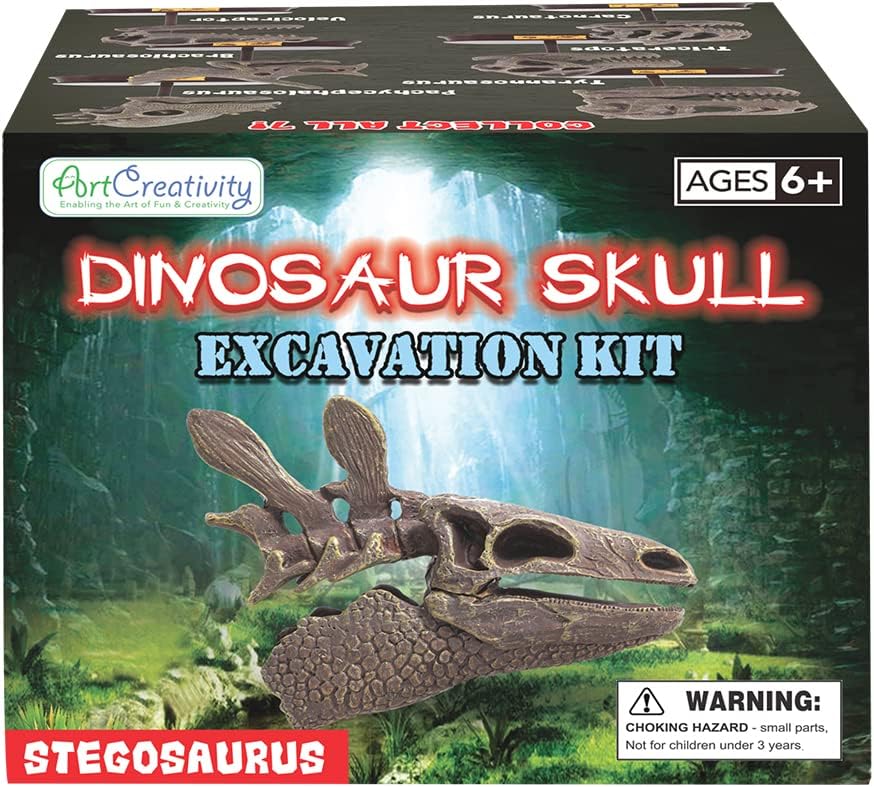 ArtCreativity Dinosaur Excavation Kit for Kids, 5.5” Stegosaurus Skull Excavating Set with Fossil Digging Tools and Stand, Fun Science Activity Toy, Educational Dinosaur Gift for Boys and Girls