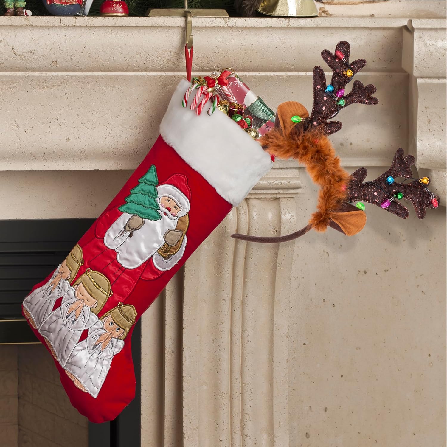 Light Up Christmas Reindeer Headbands - Reindeer Ears Headbands with LED Lights and Jingling Bells
