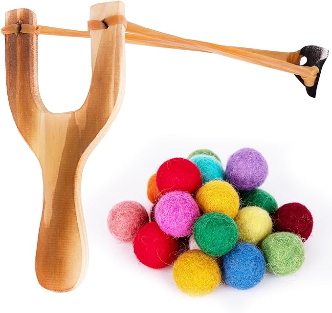 ArtCreativity Wooden Slingshot with 20 Wool Balls - Wood Slingshot for Kids - Shoots Balls Over 20 Feet - Soft Balls for Safe Play - Wooden Catapult Outdoor Toys for Kids - Strong Sling Shot Kit…