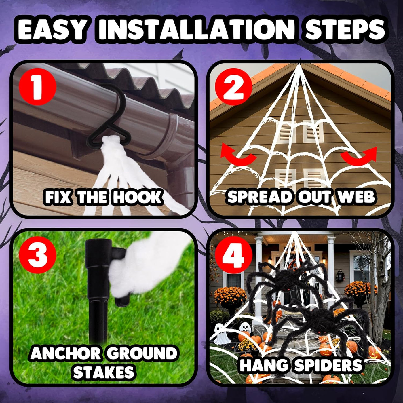 Giant Spider Halloween Decorations, Includes Two 24" Spiders and a 16.4' Spider Web, Outdoor Spider Web Decoration with 2 Giant Spiders, Outdoor Halloween Decorations for Haunted House