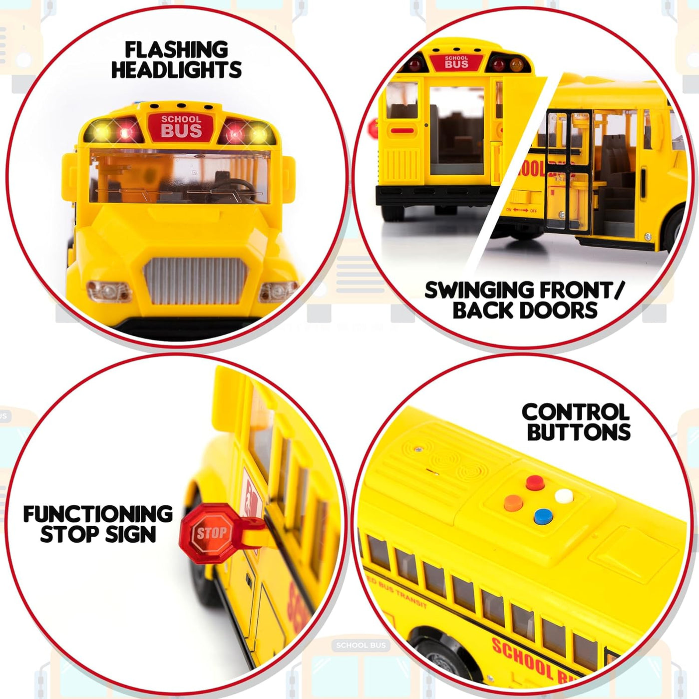 Yellow School Bus Toy with Flashing Lights & Sound, Friction Powered 1/16 Scale School Bus Toy for Kids with 4 Different Sounds & Lights, Back and Side Doors Open, Great Gift Idea for Kids Ages 3+
