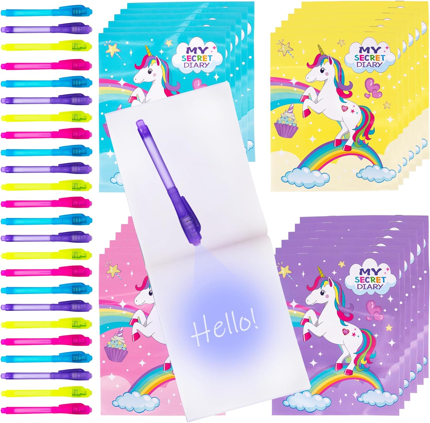 ArtCreativity Invisible Ink Pen & Notepad Kit - 24 Sets Unicorn Gifts for Girls with UV Light Pens and Secret Diary Notebooks - Unicorn Birthday Party Favors - Cute Stationery for Kids