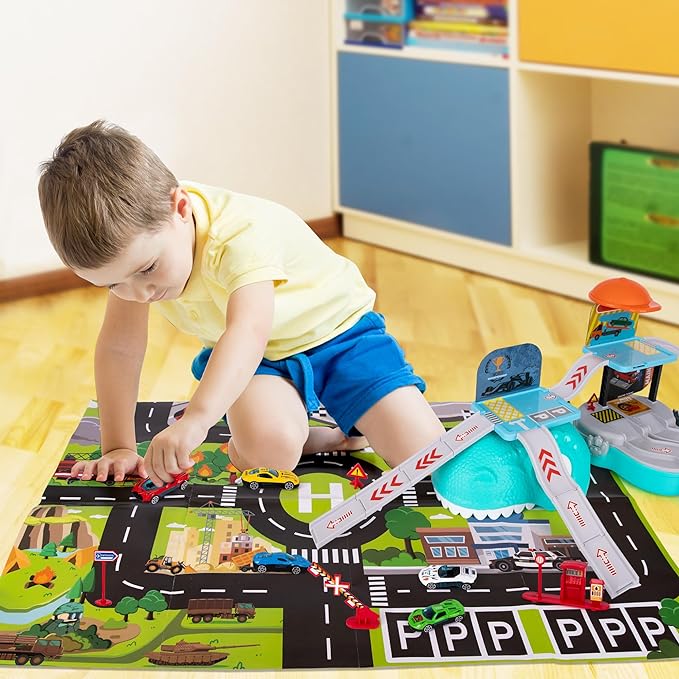 ArtCreativity Dinosaur Race Track Set - 59 Piece Race Car Track - Includes Portable Toy Car Storage Organizer, Kids’ Play Mat, 6 Diecast Metal Cars, Traffic Signs, and More - Car Gifts