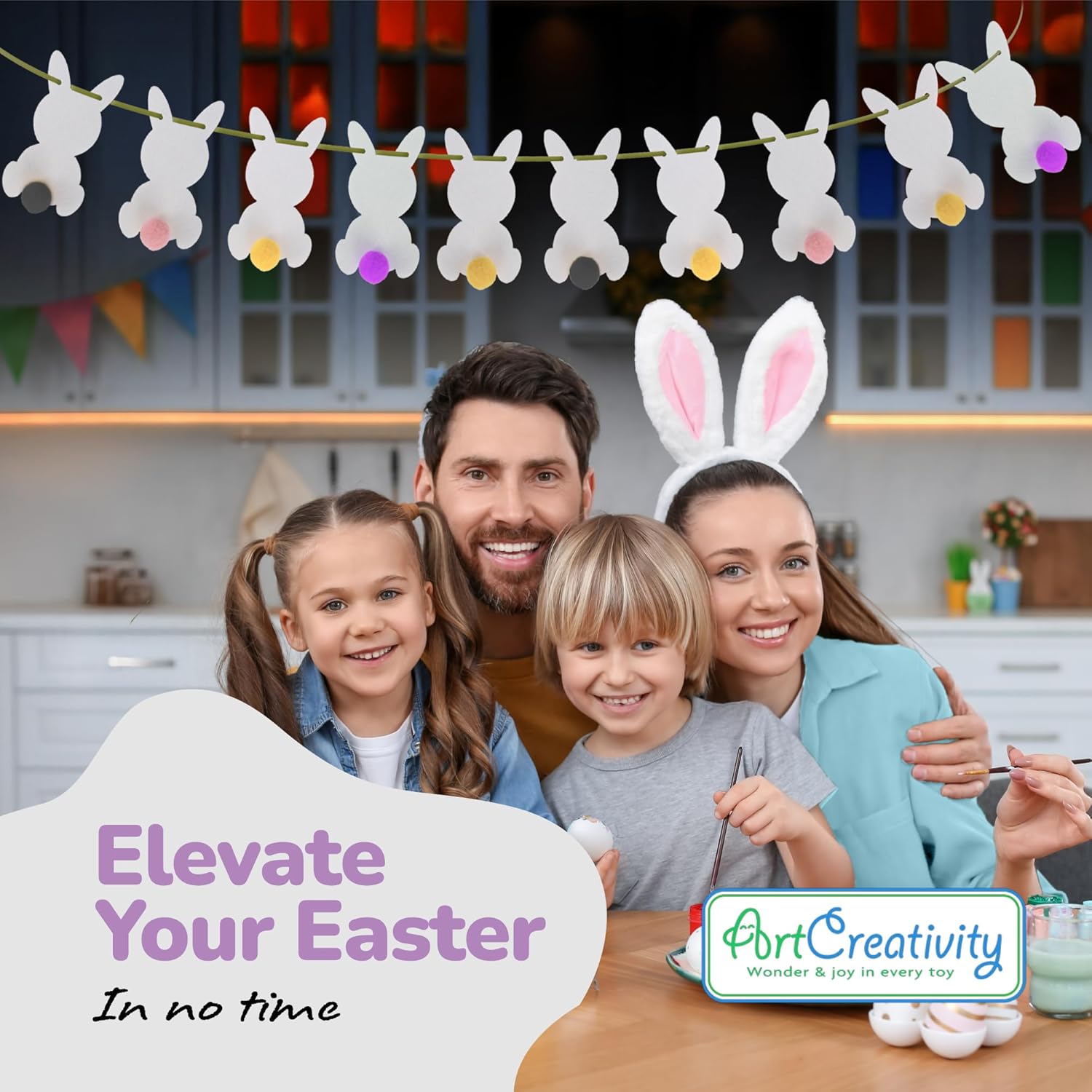 Easter Bunny Garland - Easter Decorations Set with 10 Felt Rabbits, 9 Feet of Ribbon, and Needle for Stringing - Easter Bunny Decorations for the Home - Cute Easter Décor