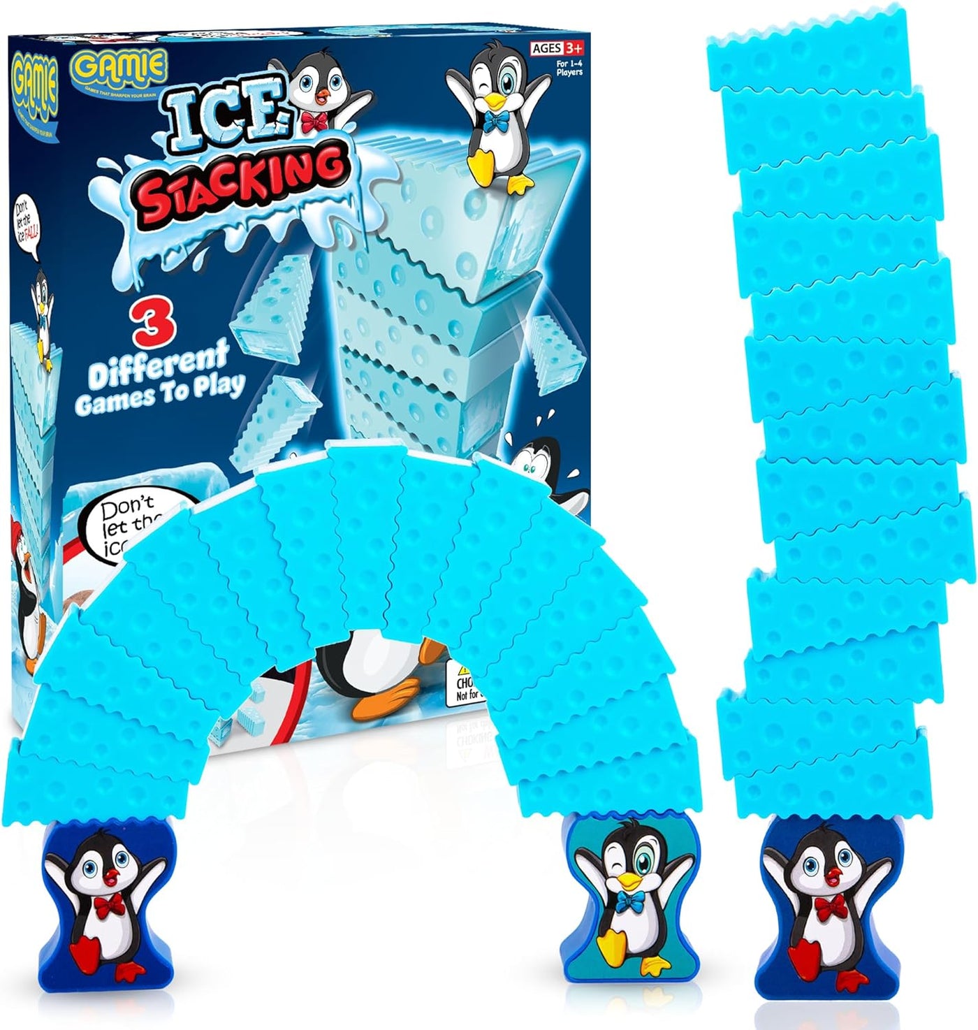 Gamie Stacking Penguin Ice Game for Kids - 20 Ice Stacking Toy Pieces, 2 Penguins, and Sticker Sheet - 3 Unique Challenges - Balancing Games for Family Night - Penguin Games for Toddlers