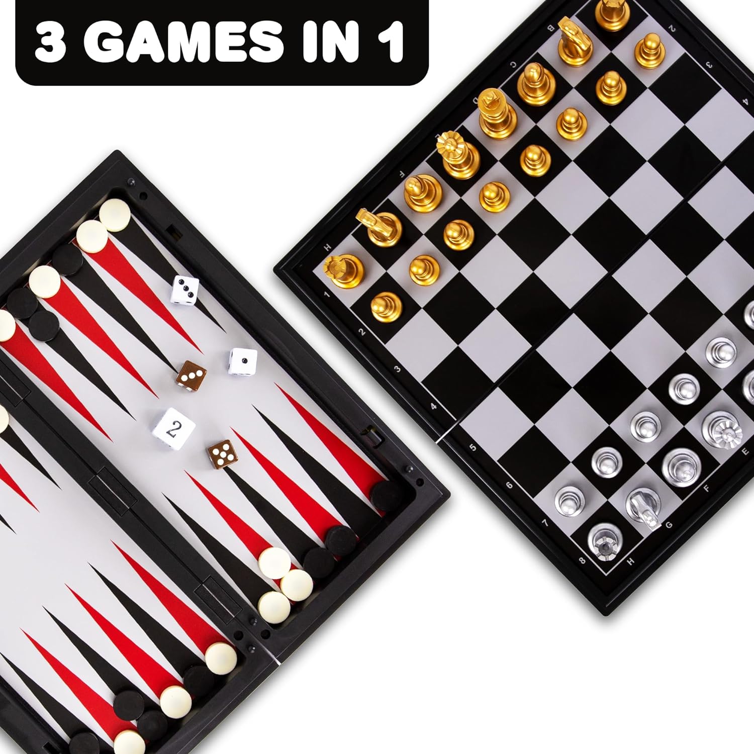 Gamie 3 in 1 Magnetic Travel Chess Set - Portable Chess, Checkers, Backgammon Set - 9 Inch Magnetic Chess Board for Road Trips - Travel Games for Kids and Adults - Gift Idea for Ages 3 and Up