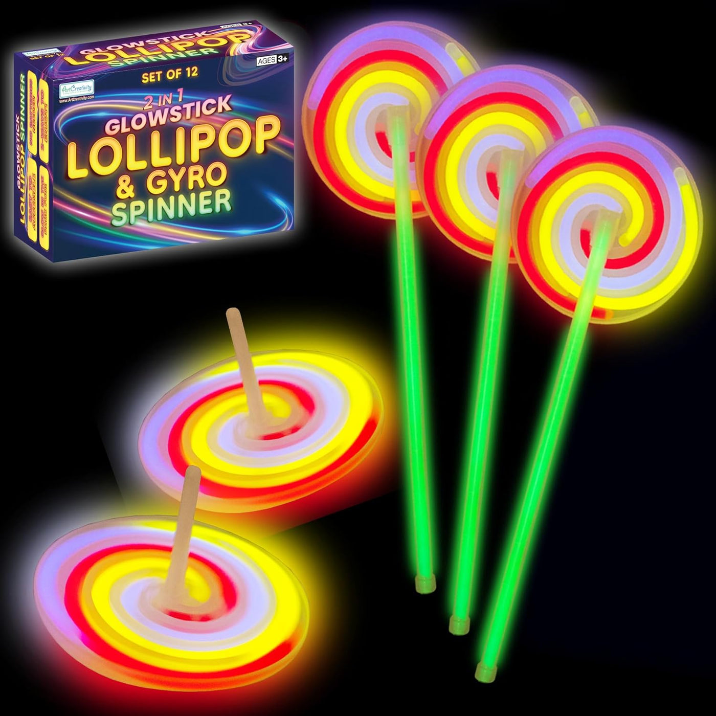 ArtCreativity Kids Glow Stick Lollipop Spinner Wands - Set of 12 Light Up Spinning Toys - Glow Stick Wands That Double as Gyro Top Spinners - DIY Glow Wand Wonka Party Favors for Kids