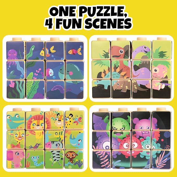 ArtCreativity Silicone Picture Puzzle Blocks for Kids, 12 Stacking Baby Blocks with Four Different Pictures Printed on The Sides, 2" Soft Toy Building Blocks for Toddlers