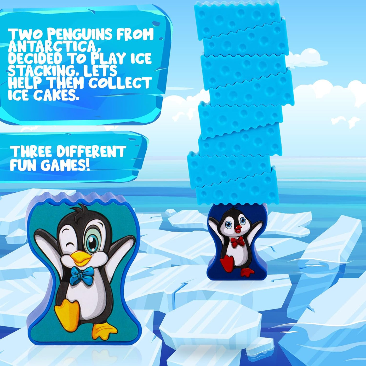 Gamie Stacking Penguin Ice Game for Kids - 20 Ice Stacking Toy Pieces, 2 Penguins, and Sticker Sheet - 3 Unique Challenges - Balancing Games for Family Night - Penguin Games for Toddlers