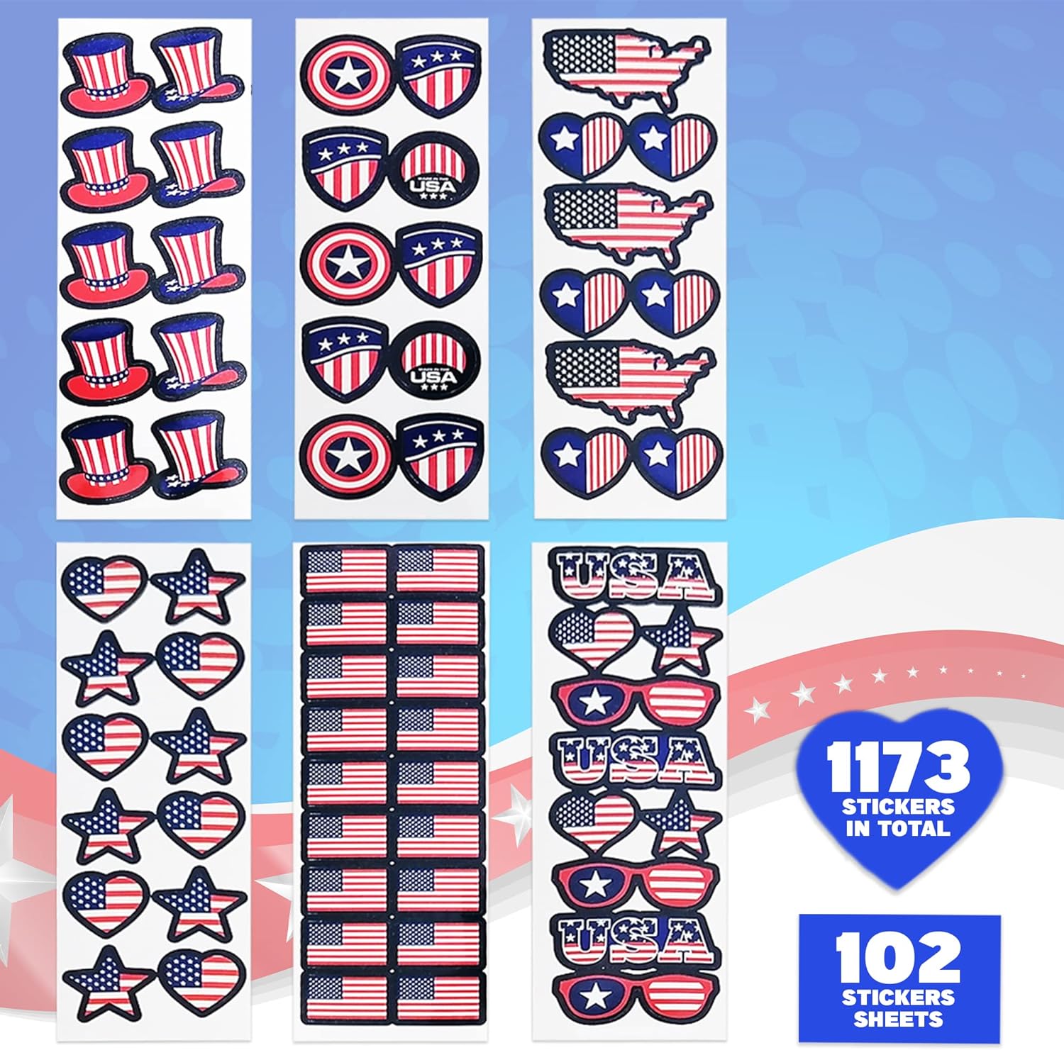 4th of July Stickers for Kids, Assorted USA Stickers, Patriotic Stickers for Kids, 100 Sheets with Over 1,000 American Flag Stickers, Memorial Day Crafts for Kids, Memorial Day Stickers Decorations